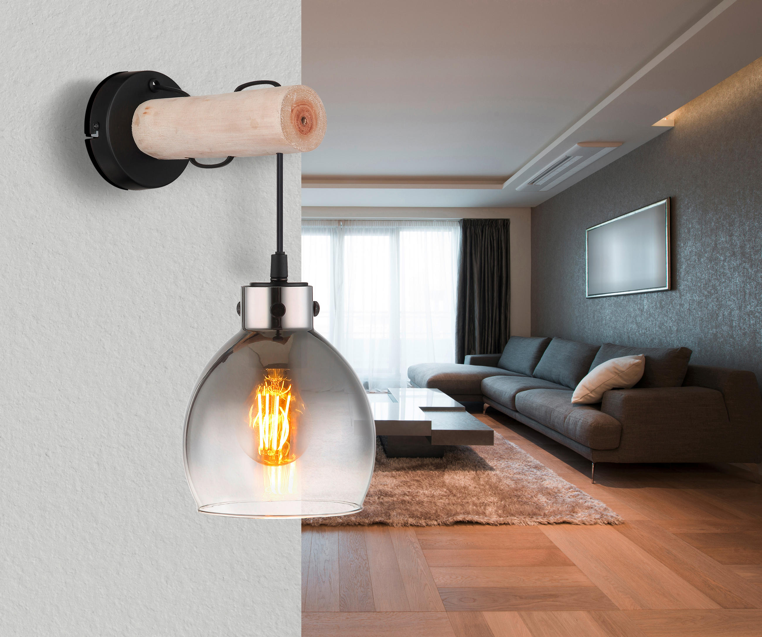 VÄGGLAMPA 15/24/33 cm   - svart/naturfärgad, Natur, metall/trä (15/24/33cm) - Globo
