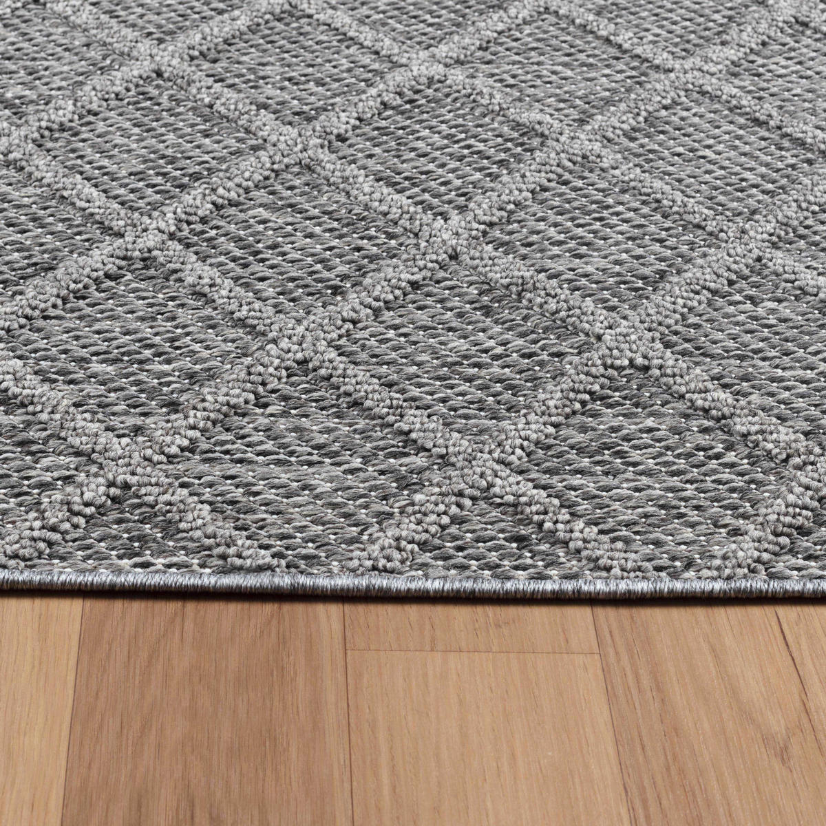 TEPPICH Outdoor Flachgewebe Rauten-Muster Polypropylen Balkon Grau Läufer 80x150 - Grau, Textil (80/150cm) - KADIMA DESIGN