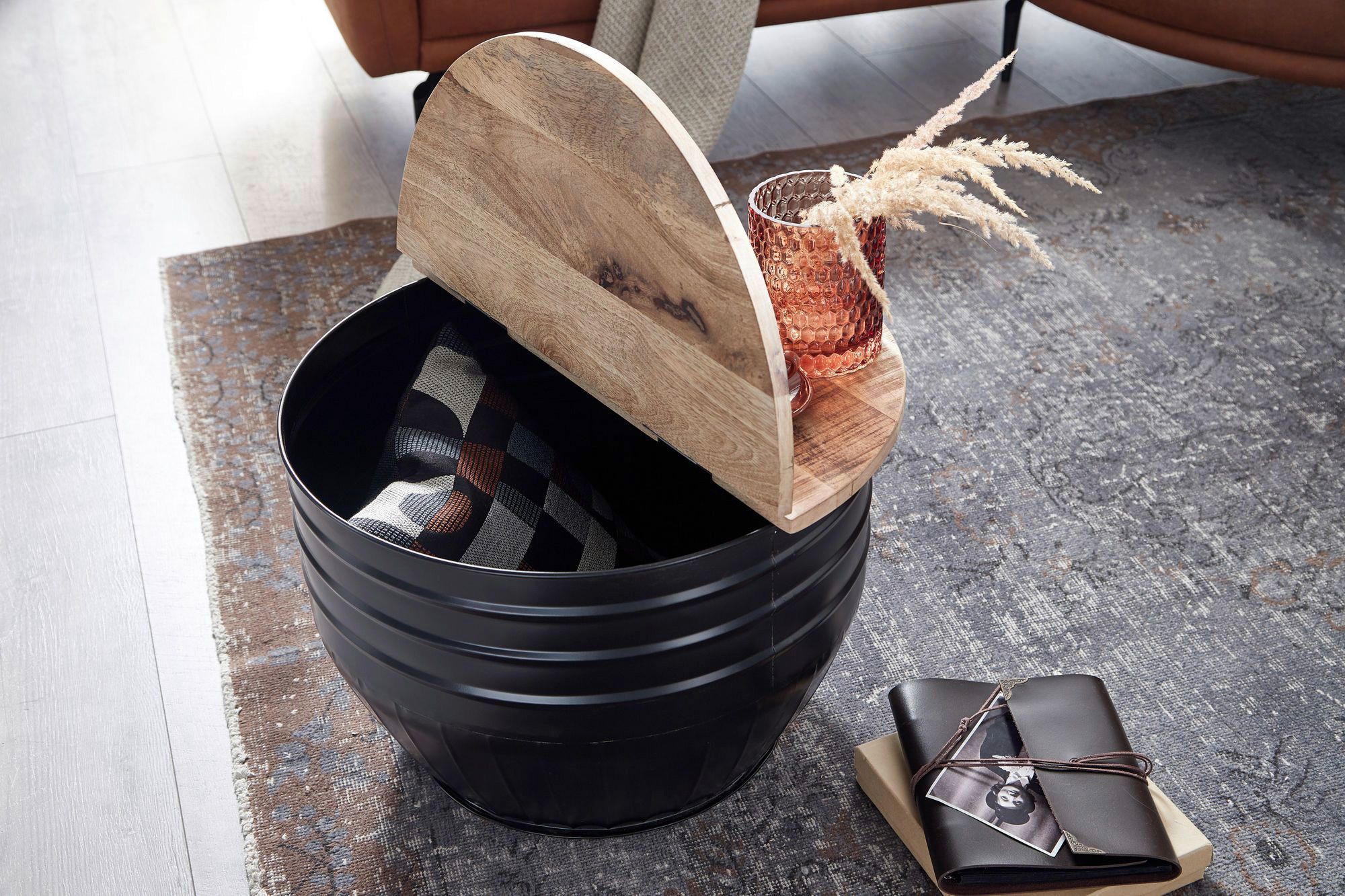 COUCHTISCH Mangoholz massiv 60/60/41 cm rund Braun  - Schwarz/Braun, MODERN, Holz/Metall (60/60/41cm) - MID.YOU