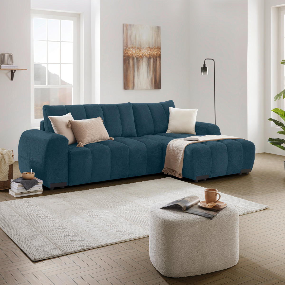 ECKSOFA Flachgewebe Petrol  - Schwarz Hochglanz/Petrol, Modern, Textil/Metall (273/93/166cm) - MID.YOU