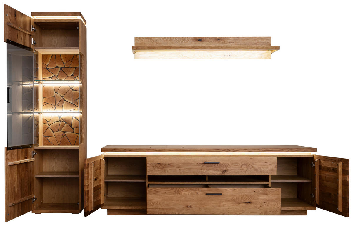 WOHNWAND 3-teilig  Eichefarben 275/204/50 cm  LED-Leuchtmittel   - Eichefarben/Schwarz, Natur, Glas/Holz (275/204/50cm) - Linea Natura