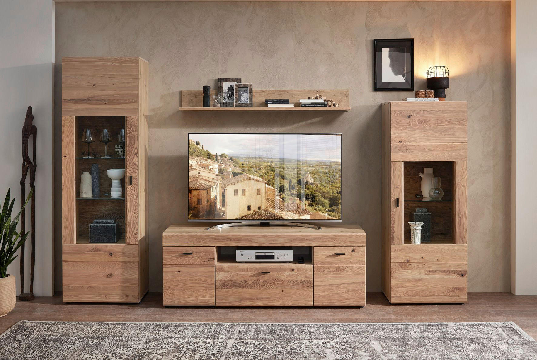 WOHNWAND  in Eschefarben, Eiche Artisan  305/194/49 cm  - Eschefarben/Schwarz, Design, Glas/Holz (305/194/49cm) - Linea Natura