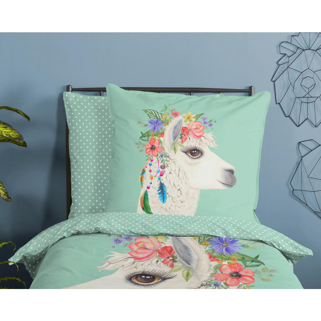 Thumbnail - Jugendbettwäsche Joey, Grün, Mintgrün, Textil, Lama, 135x200 cm, atmungsaktiv, Schlaftextilien, Bettwäsche, Kinderbettwä...