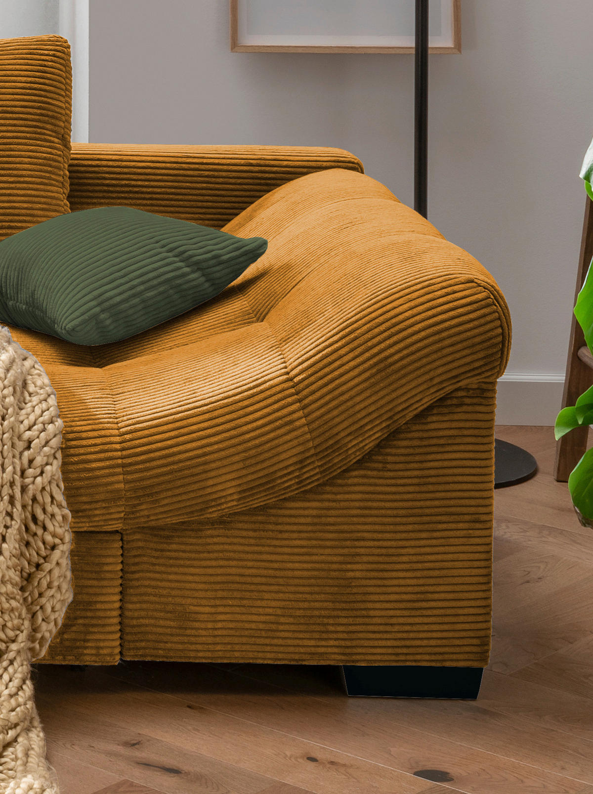 ECKSOFA Cognac Cord  - Dunkelgrün/Cognac, Design, Holz/Textil (202/298cm) - MID.YOU