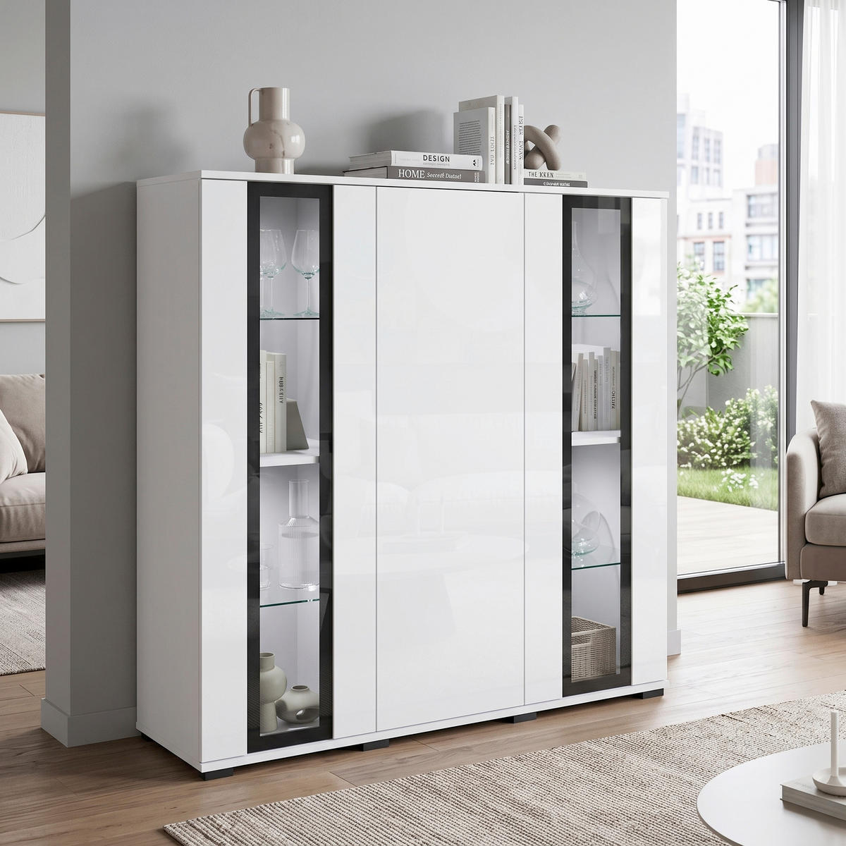 HIGHBOARD Caro 120/121,9/39,5 cm  - Weiß Hochglanz/Schwarz, Design, Glas/Holzwerkstoff (120/121,9/39,5cm) - P & B