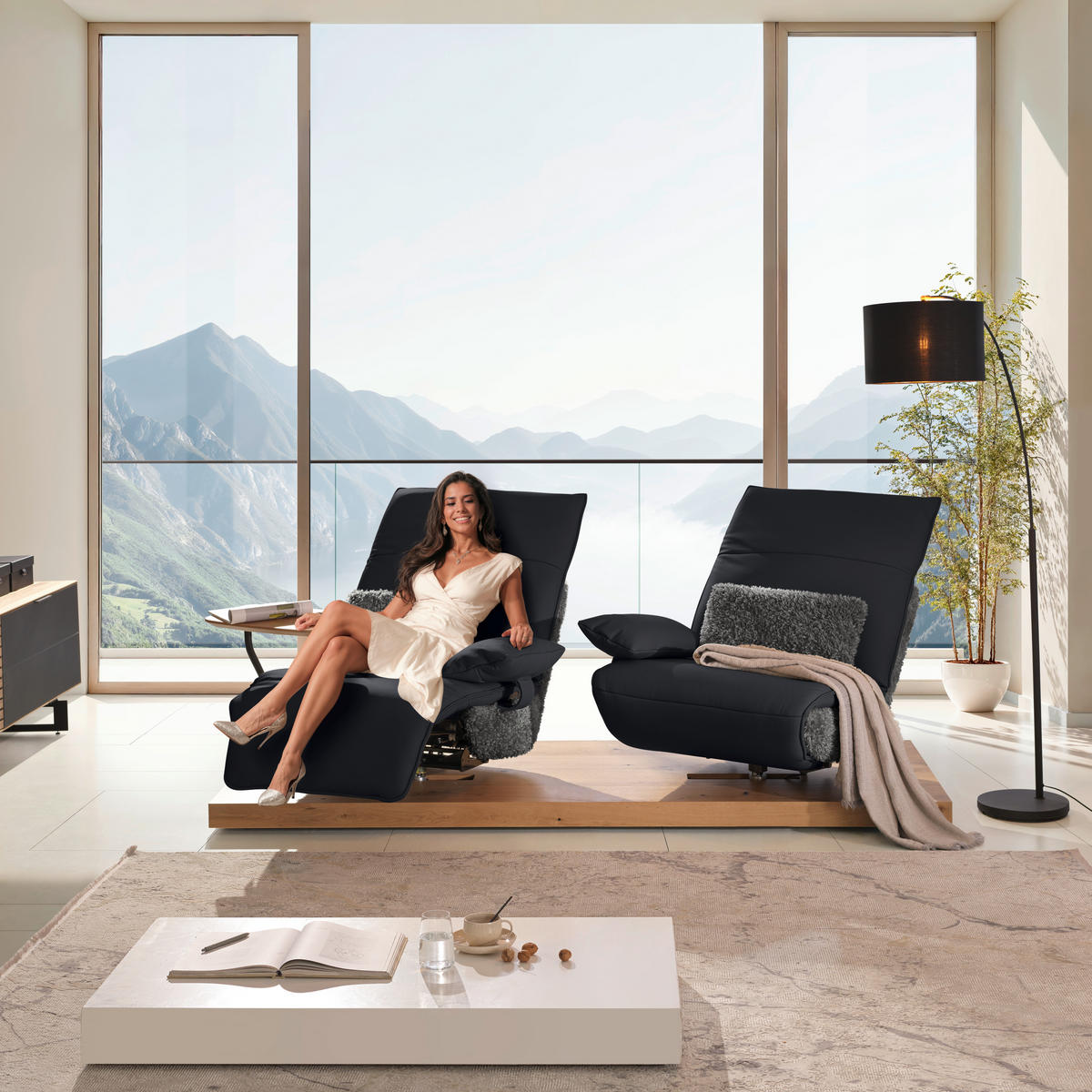 2-SITZER-SOFA Hochflor Echtleder Anthrazit, Schwarz  - Anthrazit/Schwarz, Design, Leder/Holz (240/65/104cm) - Koinor