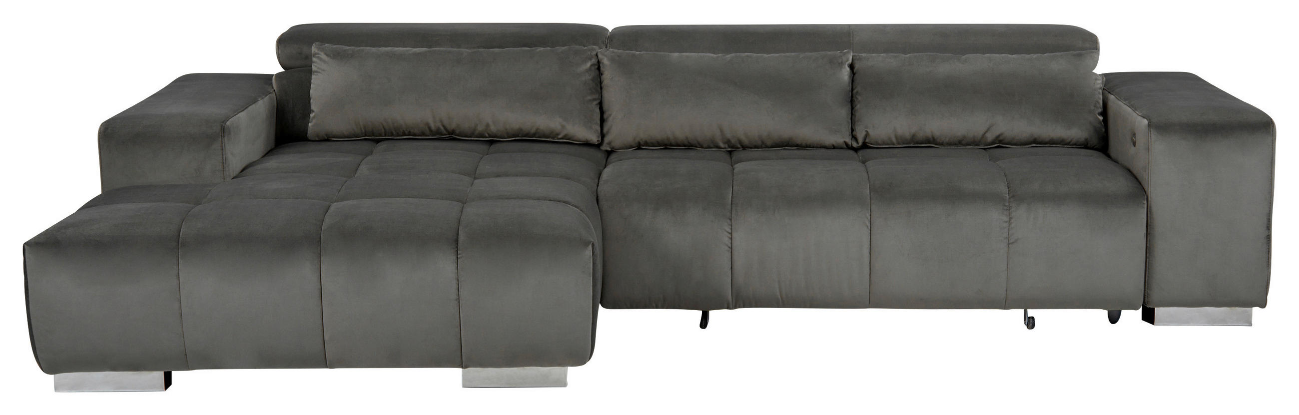 ECKSOFA Anthrazit Velours Kopfteilverstellung  - Anthrazit/Silberfarben, KONVENTIONELL, Textil/Metall (186/307cm) - Livetastic