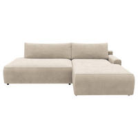 ECKSCHLAFSOFA  mit Schlafen auf Sitzhöhe, Rücken echt, Armteil rechts Cord Creme  - Creme/Schwarz, MODERN, Kunststoff/Textil (253/167cm) - Trendmanufaktur