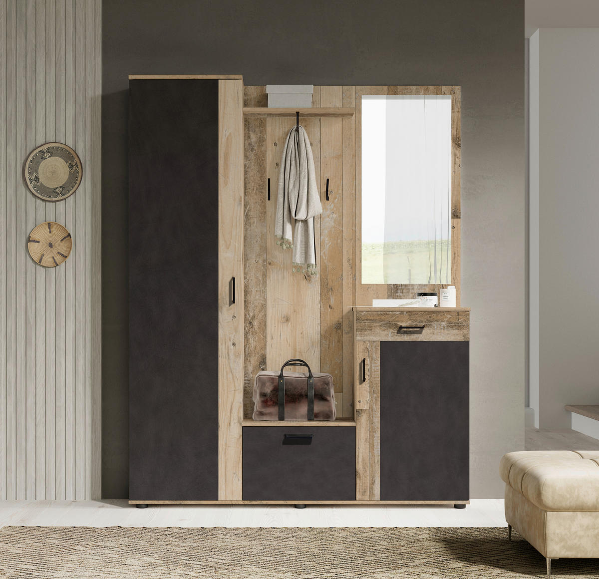 GARDEROBE 5-teilig  in 145/184/29 cm  - Eichefarben/Anthrazit, Design, Holzwerkstoff (145/184/29cm) - Livetastic