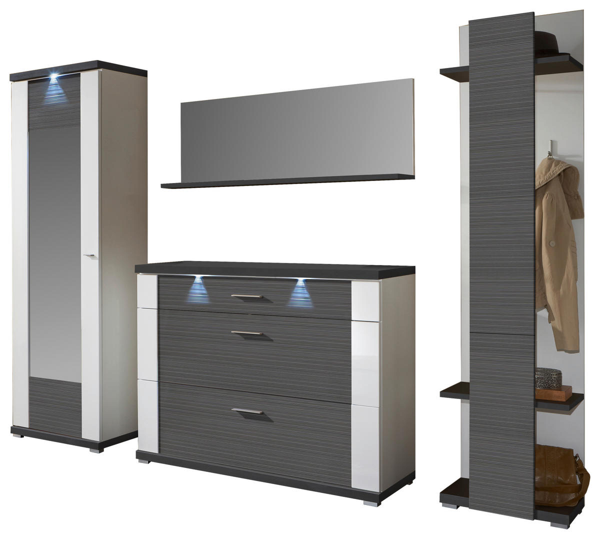 GARDEROBE 4-teilig  in 263,5/206,6/41,6 cm  - Weiß Hochglanz/Graphitfarben, Design, Holzwerkstoff (263,5/206,6/41,6cm) - Xora