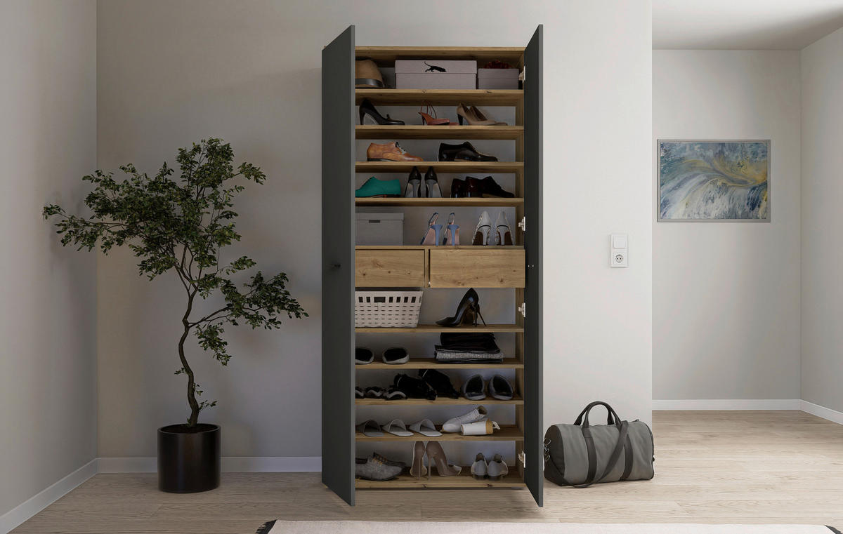 SCHUHSCHRANK Anthrazit, Eiche Artisan  - Anthrazit/Silberfarben, Basics, Holzwerkstoff/Kunststoff (90/195/35cm) - Xora