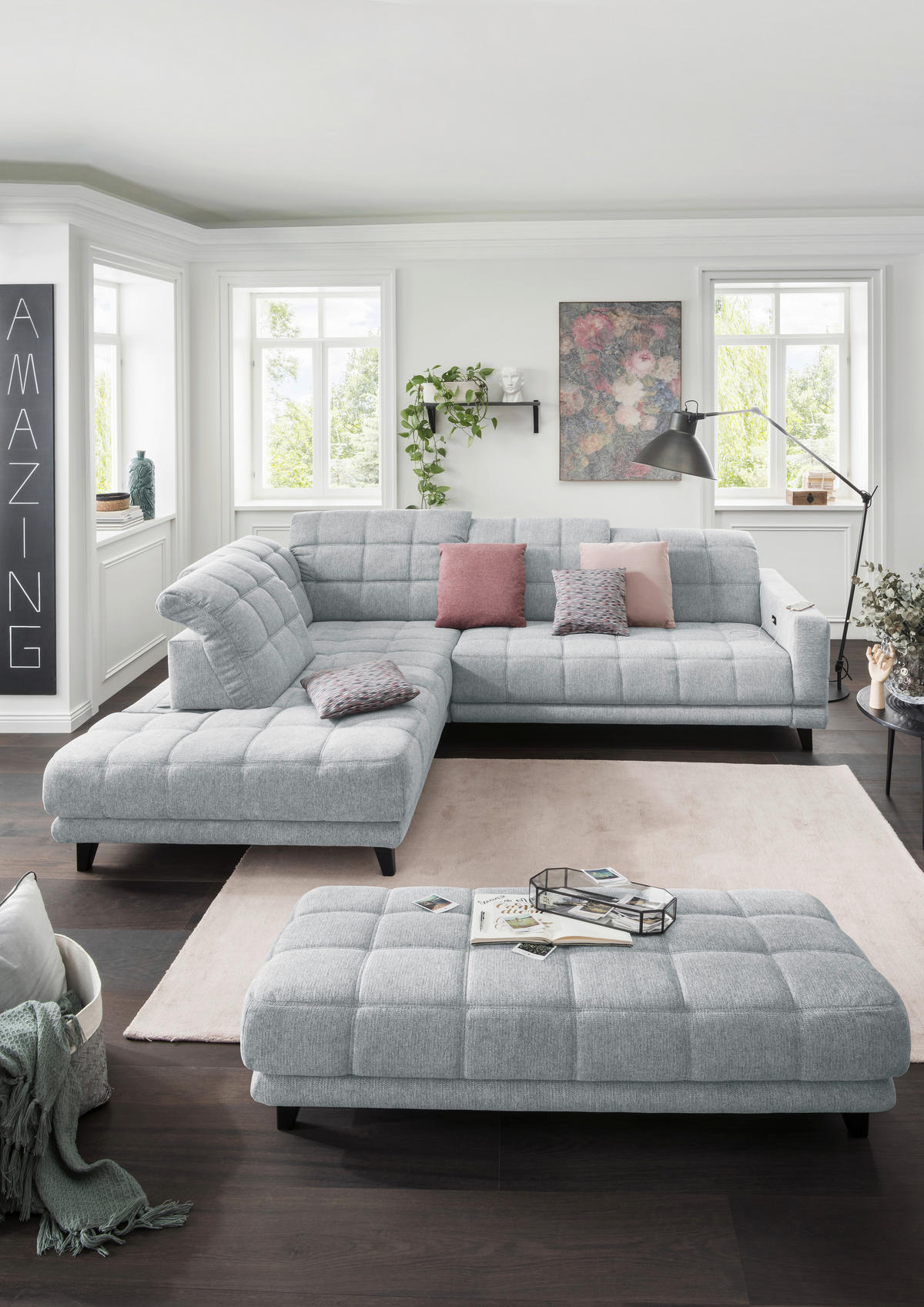 ECKSOFA in Webstoff Hellgrau  216/302 cm  - Hellgrau/Schwarz, Design, Holz/Textil (216/302cm) - Xora