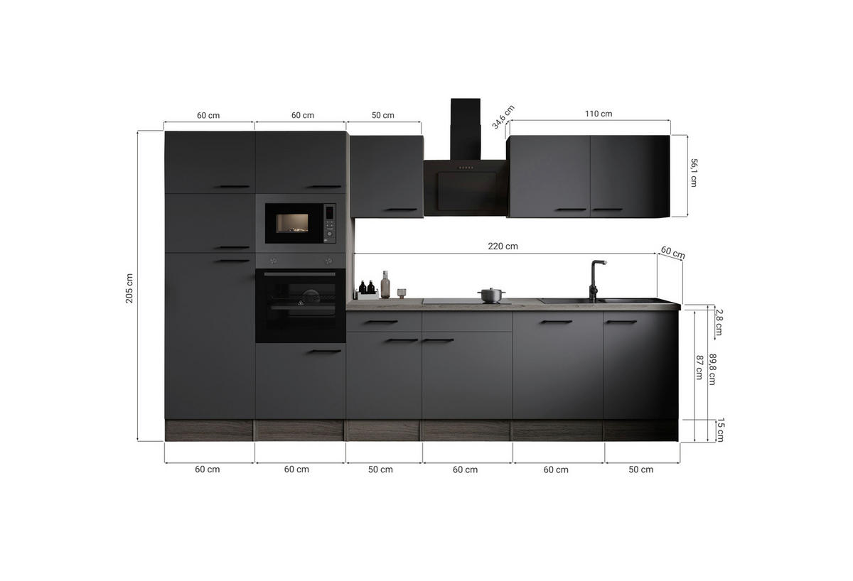KÜCHENBLOCK 340 cm   in Grau, Eichefarben  - Eichefarben/Schwarz, Design, Holzwerkstoff/Metall (340cm) - Respekta