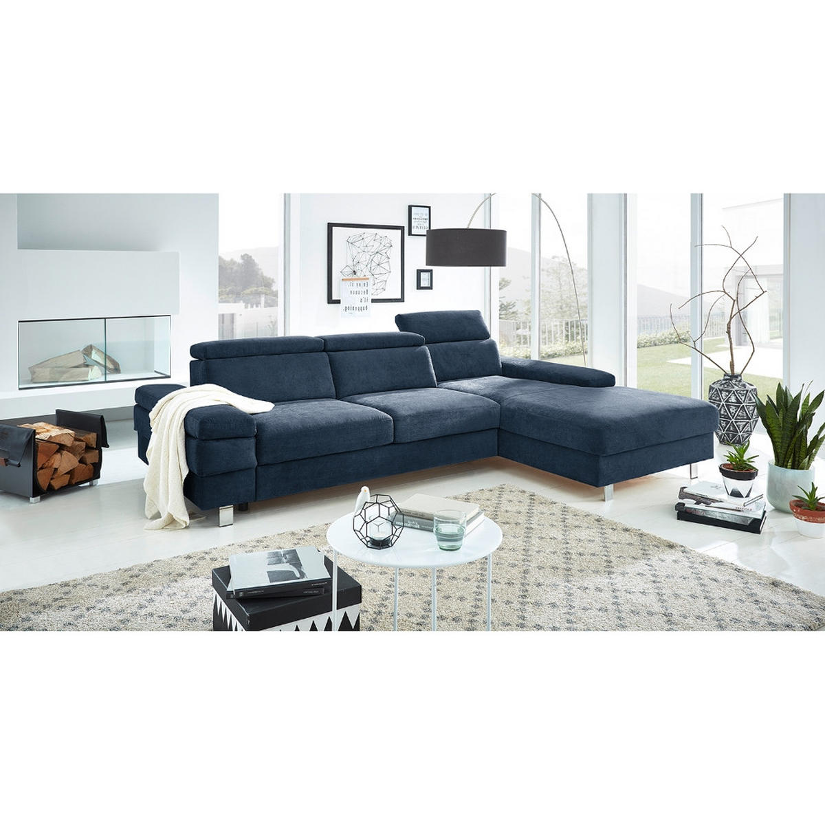 ECKSOFA in Webstoff Dunkelblau  - Silberfarben/Dunkelblau, Konventionell, Textil/Metall (182/82/260cm) - Trendmanufaktur