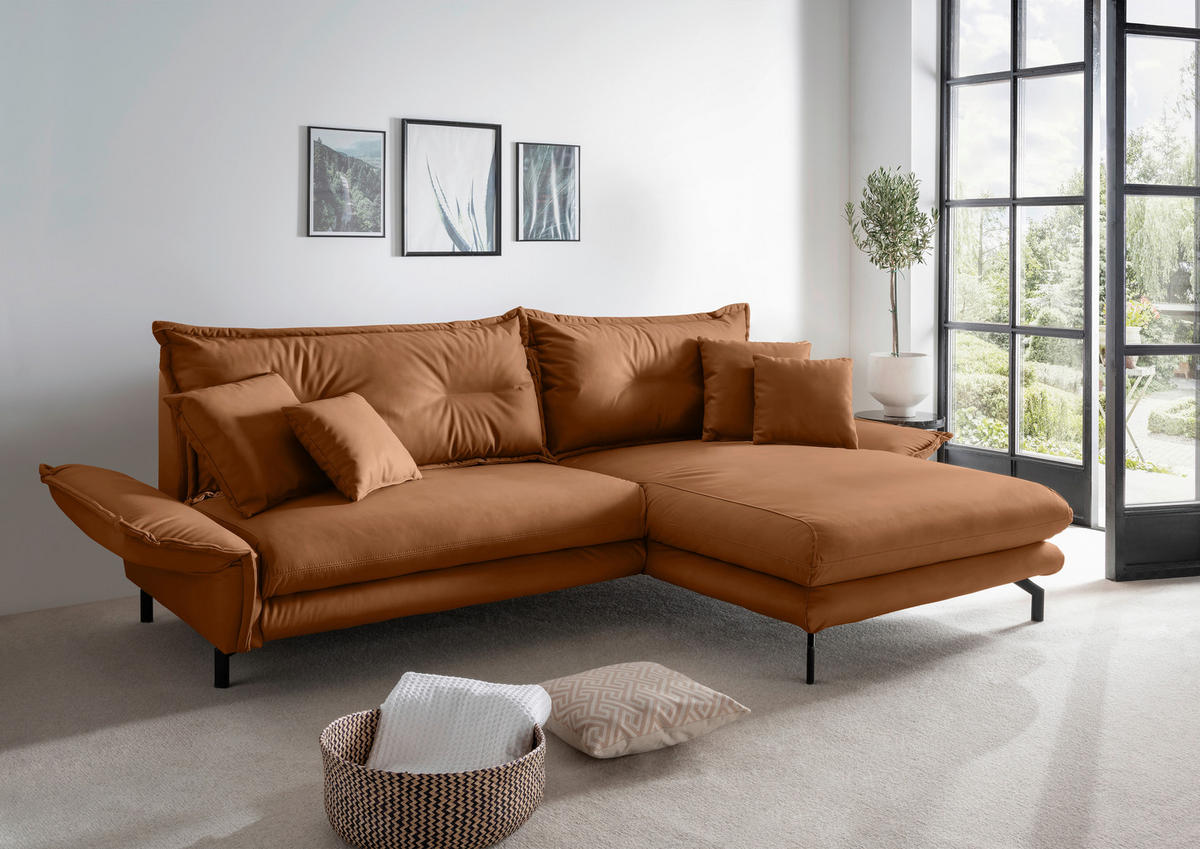 ECKSOFA in Lederlook Cognac  - Cognac/Schwarz, Modern, Textil/Metall (255/180cm) - Livetastic