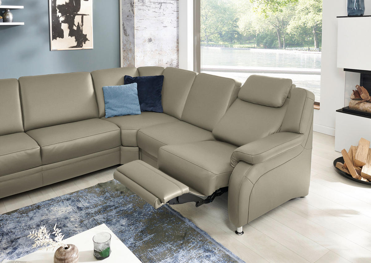 WOHNLANDSCHAFT  in Echtleder Ecru  - Ecru/Alufarben, KONVENTIONELL, Leder/Metall (165/329/239cm) - Beldomo Premium