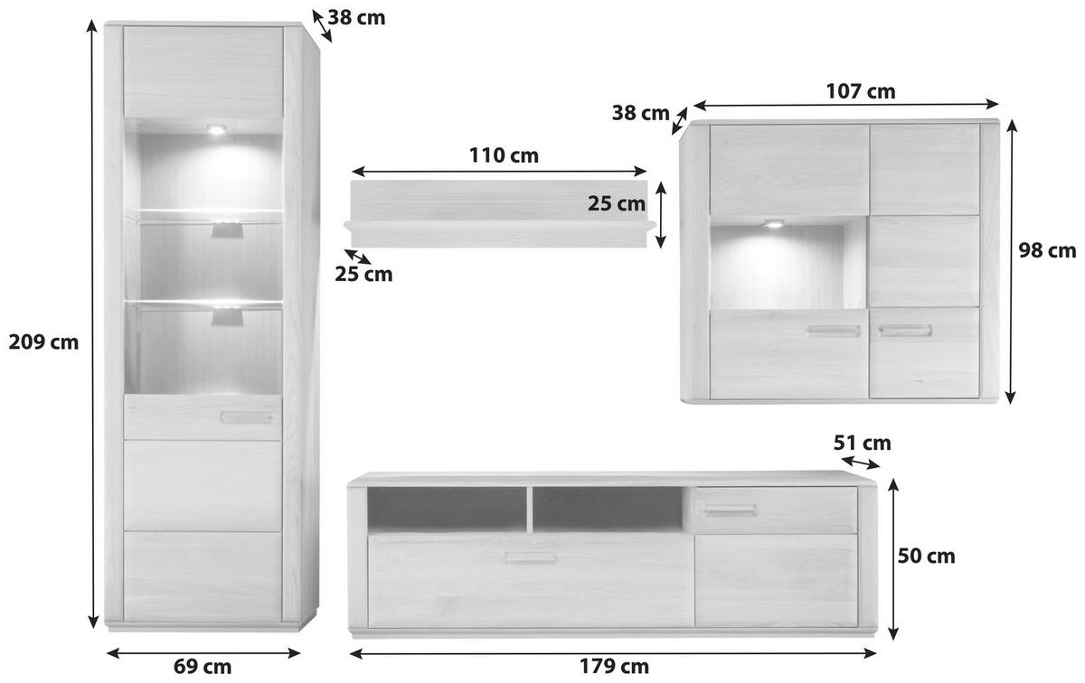 WOHNWAND  in Eichefarben  303/209/51 cm  - Eichefarben/Silberfarben, Design, Glas/Holz (303/209/51cm) - Livetastic
