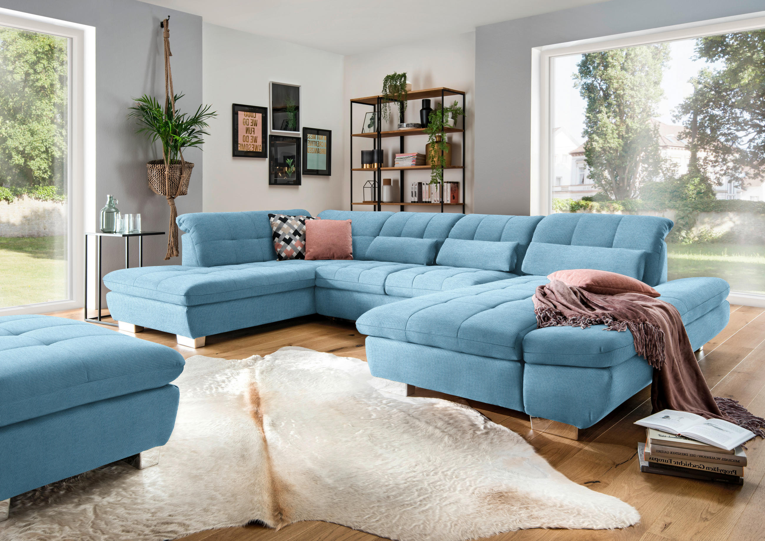 WOHNLANDSCHAFT in Mikrofaser Pastellblau  - Chromfarben/Pastellblau, Design, Kunststoff/Textil (211/350/204cm) - Xora