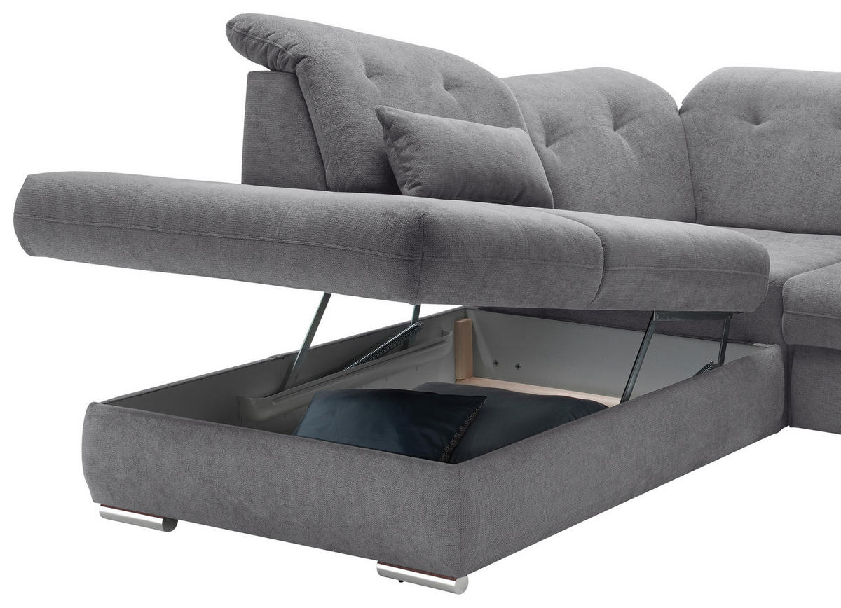 WOHNLANDSCHAFT in Chenille Dunkelgrau  - Chromfarben/Dunkelgrau, Modern, Textil/Metall (254/376/195cm) - Livetastic