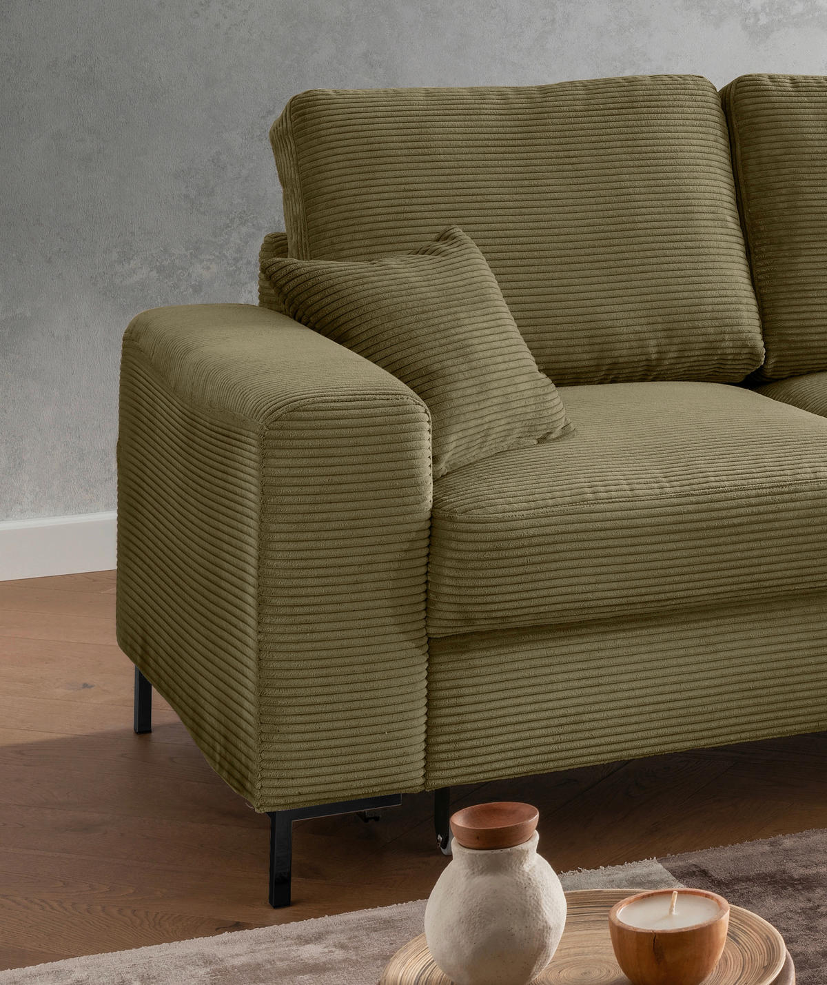 ECKSCHLAFSOFA  mit Liegefunktion, Rücken echt Cord Olivgrün  - Schwarz/Olivgrün, KONVENTIONELL, Textil/Metall (237/143cm) - Livetastic