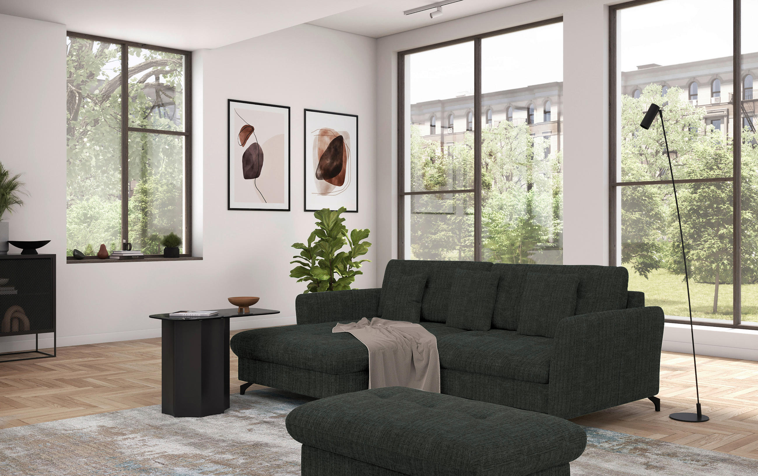 ECKSOFA in Flachgewebe, Leinenoptik Anthrazit  170/242 cm  - Anthrazit/Schwarz, Design, Textil/Metall (170/242cm) - Xora