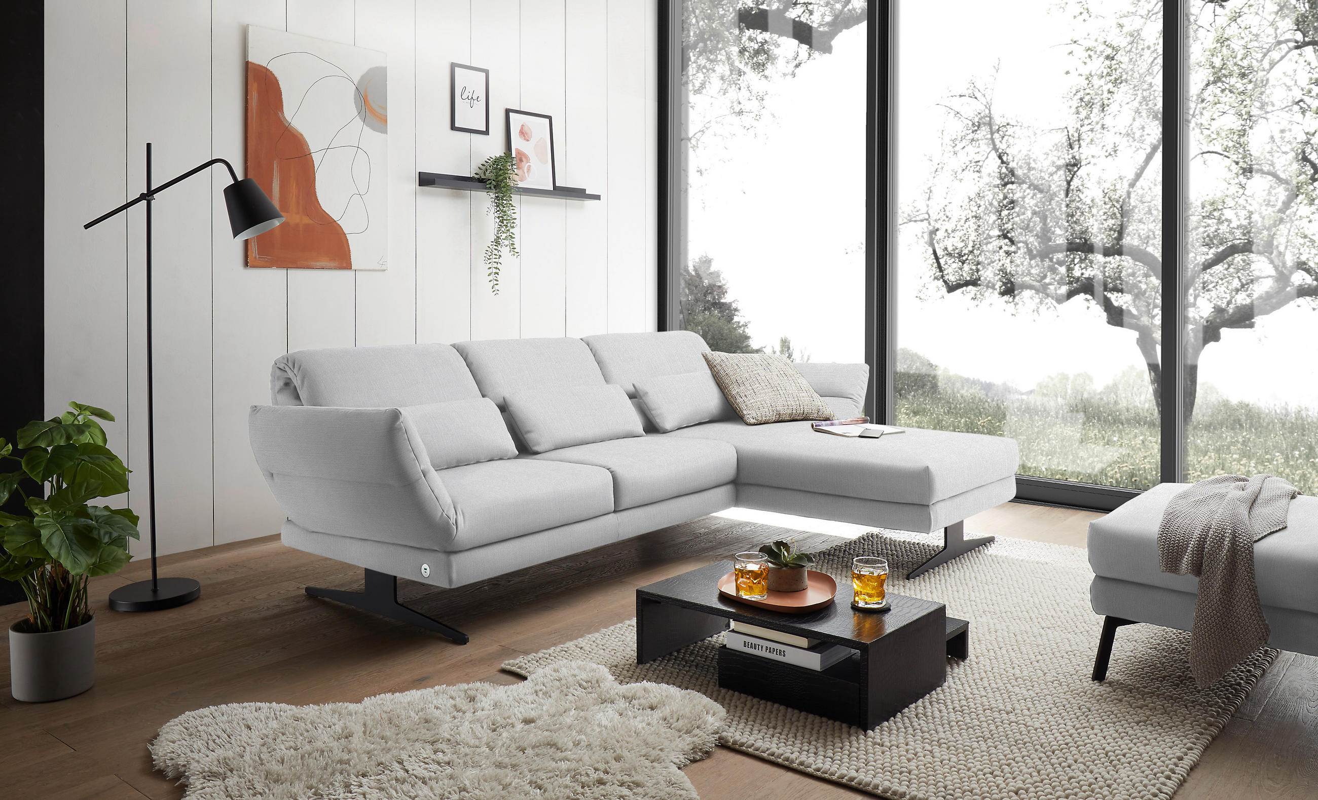 ECKSOFA in Flachgewebe Creme  279-327/176-217 cm  - Creme/Schwarz, Design, Textil/Metall (279-327/176-217cm) - Dieter Knoll