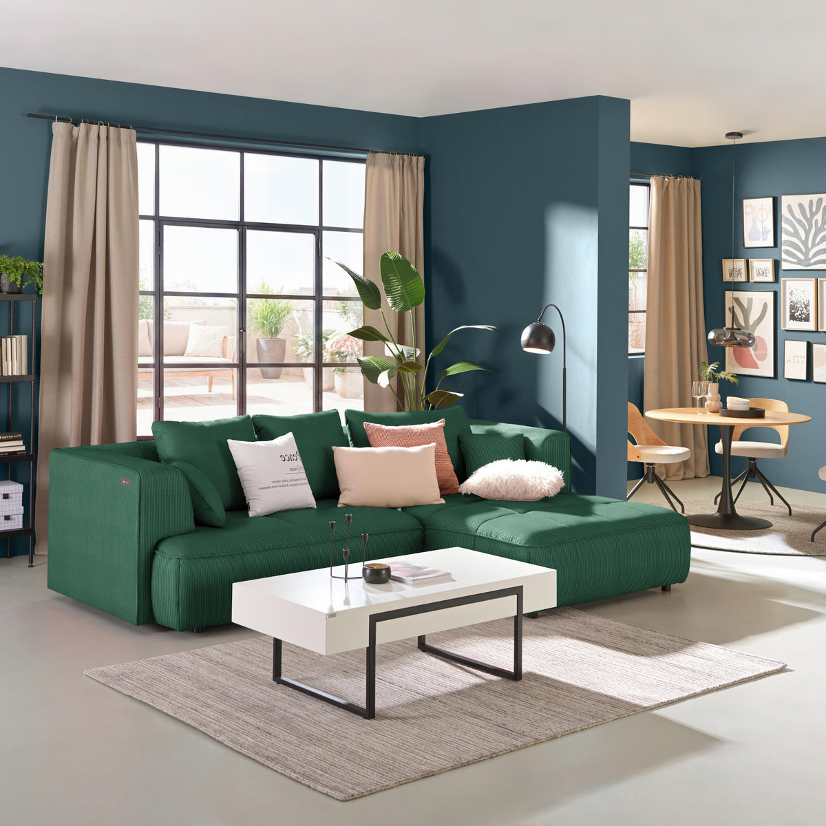 ECKSOFA Feincord Dunkelgrün  - Dunkelgrün/Schwarz, Design, Kunststoff/Textil (288/188cm) - Welnova