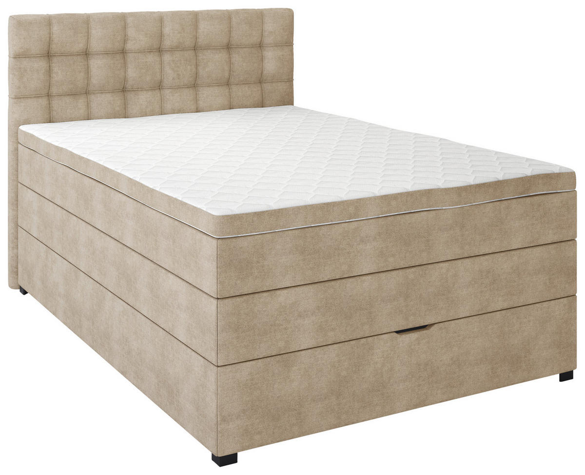 BOXSPRINGBETT 120/200 cm,  in Beige, Matratze, Bettkasten, Topper, H3 = fest  - Beige/Schwarz, KONVENTIONELL, Kunststoff/Textil (120/200cm) - Boxxx