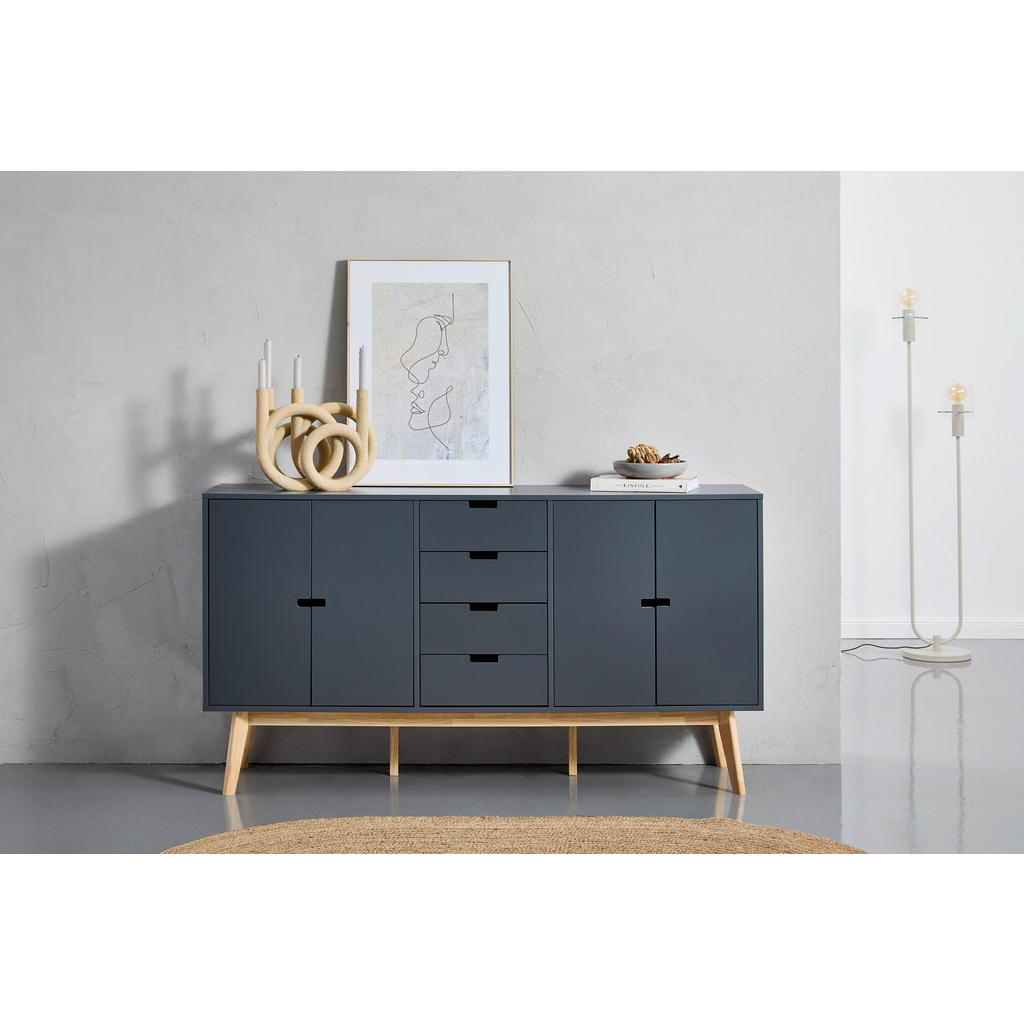 Thumbnail - Mid.you Sideboard, Grau, Natur, Holzwerkstoff, Kautschukholz, massiv, 4 Fächer, 4 Schubladen, 160x86x40 cm, Bsci, Holzmö...
