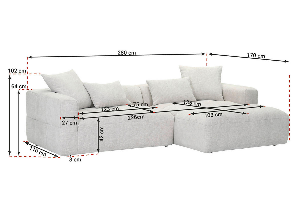ECKSOFA in Flachgewebe Hellbraun  280/170 cm  - Hellbraun/Schwarz, KONVENTIONELL, Kunststoff/Textil (280/170cm) - Carryhome