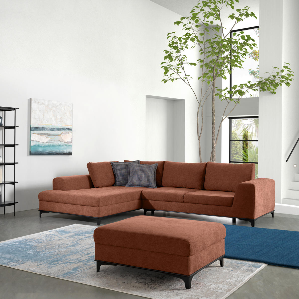 ECKSOFA inkl. Funktionen Terracotta Webstoff  inkl. Rückenkissen, Bettkasten, Schlaffunktion, Rücken echt  - Wengefarben/Terracotta, Design, Holz/Textil (211/314cm) - Stylife