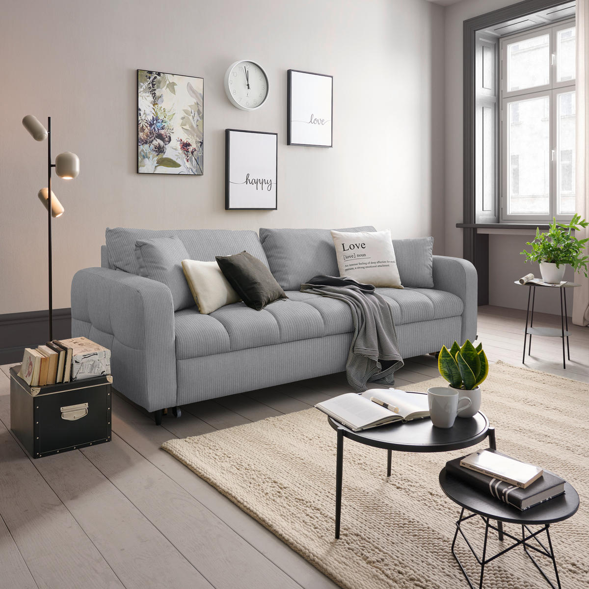 SCHLAFSOFA Cord, Velours Hellgrau Stoffauswahl, Bettfunktion erhältlich, Rücken echt, Armteil links, Armteil rechts  - Hellgrau/Schwarz, Design, Holz/Textil (236/88/101cm) - Lomoco