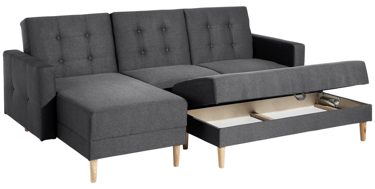 ECKSCHLAFSOFA inkl. Hocker  mit Schlafen auf Sitzhöhe Flachgewebe Graphitfarben  - Eschefarben/Graphitfarben, MODERN, Holz/Textil (223/152cm) - Max Winzer