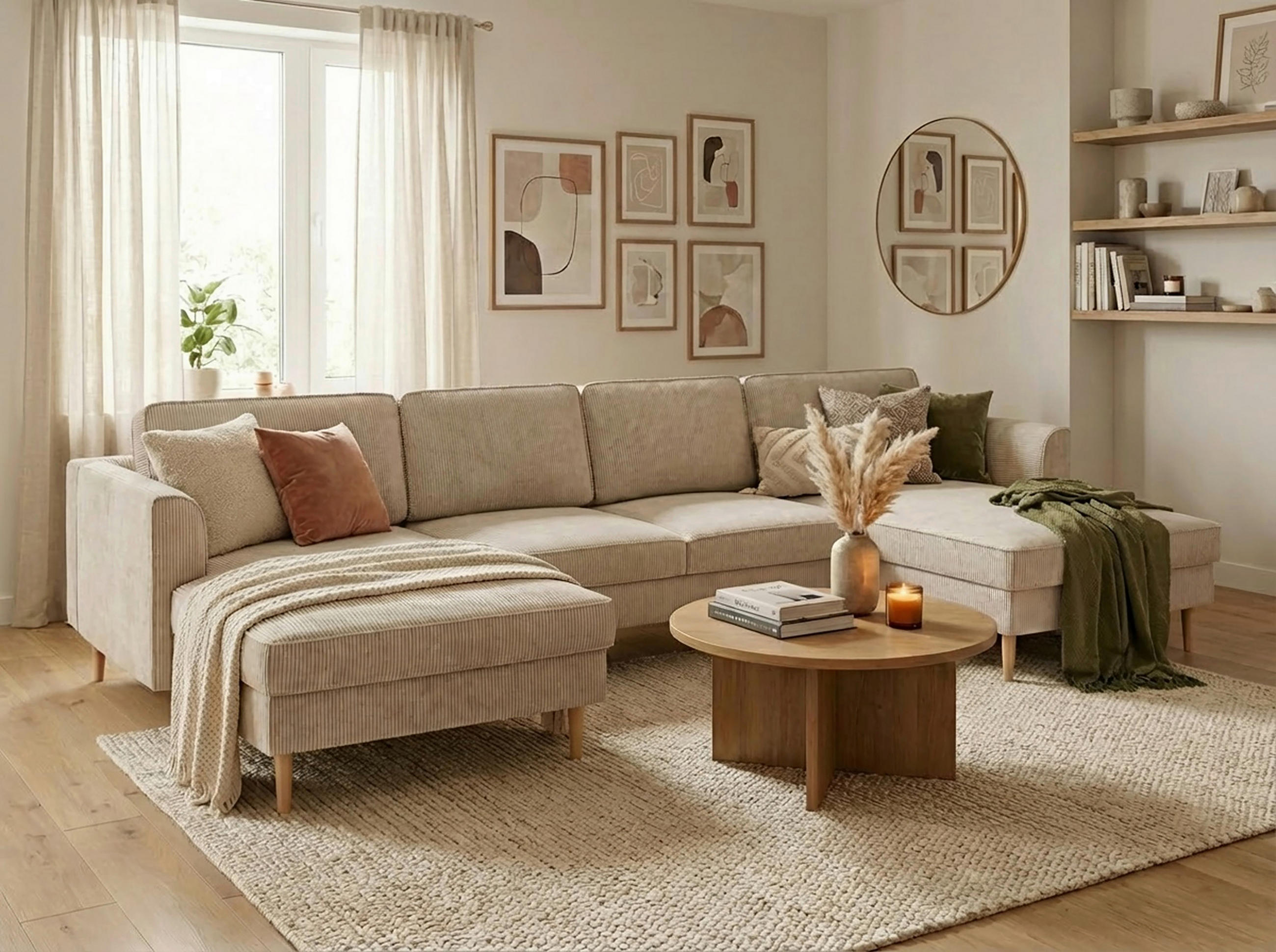 WOHNLANDSCHAFT Creme Cord  - Buchefarben/Creme, MODERN, Holz/Textil (161/306/161cm) - Trendmanufaktur