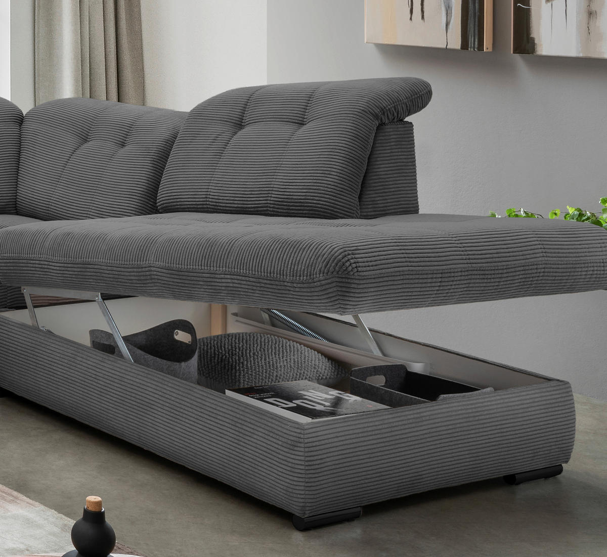 SALON PANORAMIQUE in Cord Grau  - gris/noir, Modern, textile/métal (184/387/252cm) - Livetastic