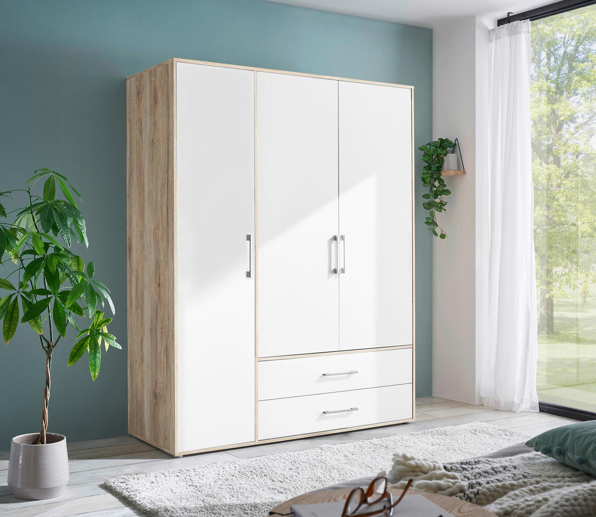 KLEIDERSCHRANK 155/195/60 cm,  in Weiß, Eiche San Remo, 3-türig  - Alufarben/Weiß, KONVENTIONELL, Holzwerkstoff/Kunststoff (155/195/60cm) - Boxxx