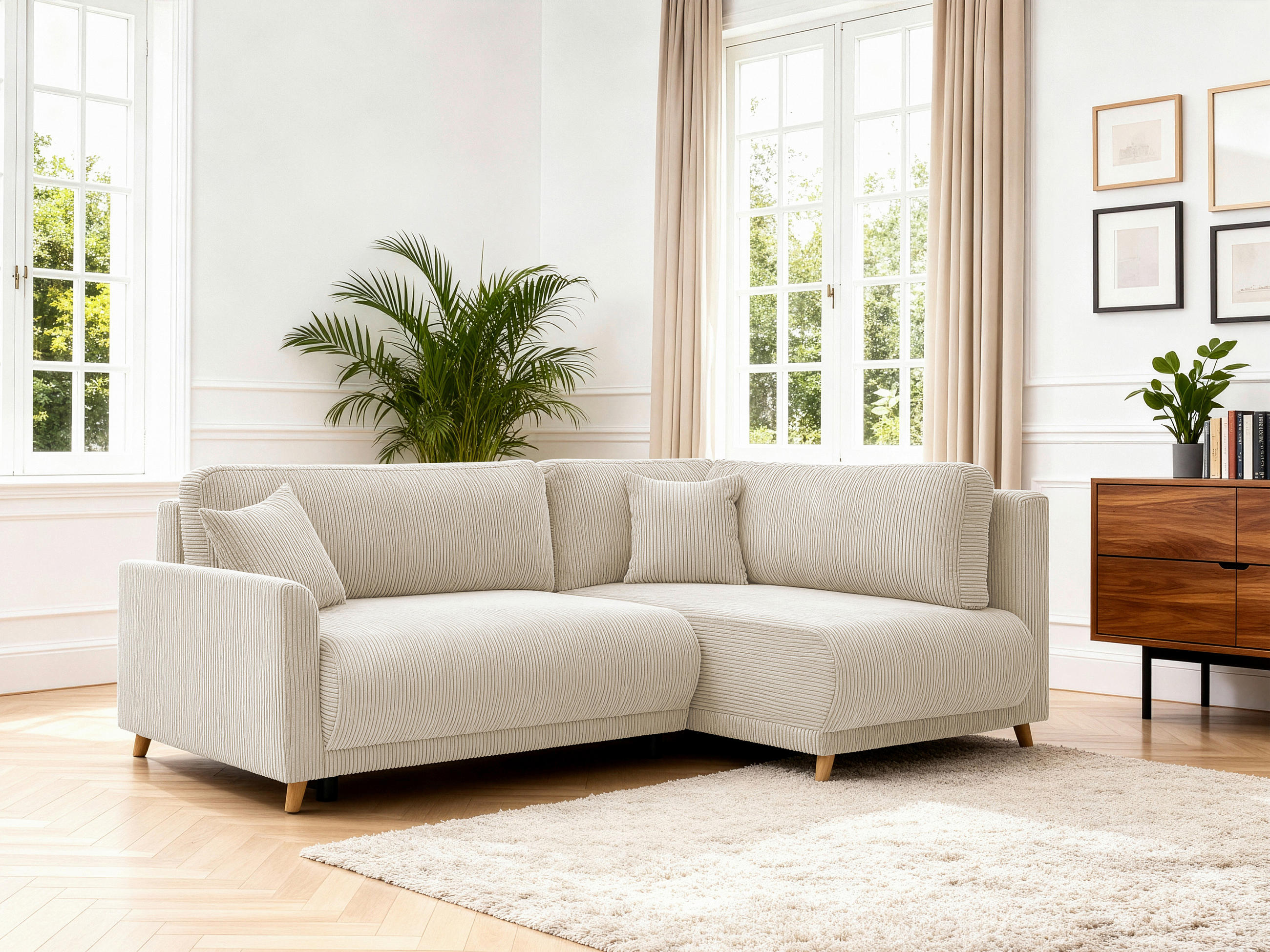 ECKSOFA MILOS Creme Cord Rückenkissen, Bettkasten, Schlaffunktion, Rücken echt  - Creme/Naturfarben, Design, Textil (224/148cm) - P & B