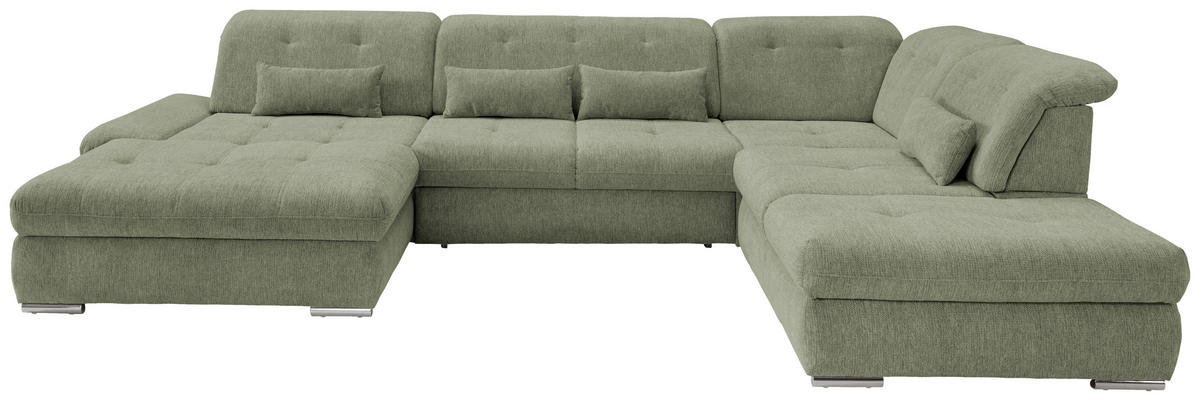 WOHNLANDSCHAFT in Chenille Grün  - Chromfarben/Grün, Design, Textil/Metall (195/376/254cm) - Livetastic