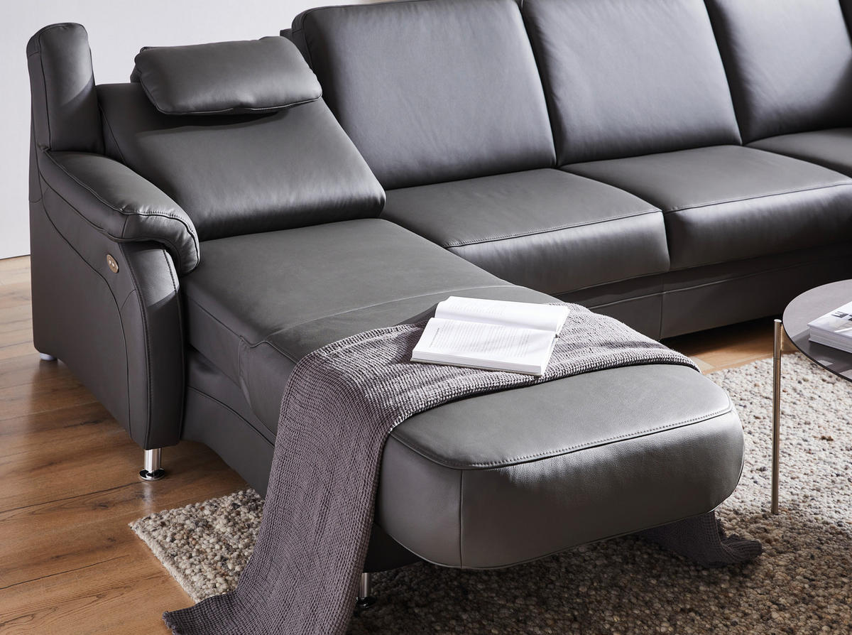 WOHNLANDSCHAFT Anthrazit Echtleder  - Anthrazit/Alufarben, KONVENTIONELL, Leder/Metall (165/329/239cm) - Beldomo Premium