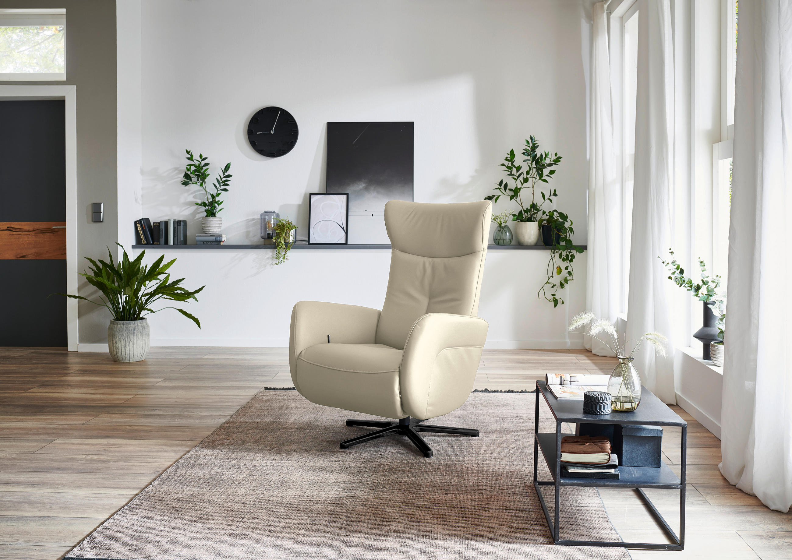 RELAXSESSEL in Leder Creme, Naturfarben  - Creme/Schwarz, Design, Leder/Metall (76/112/83cm) - Beldomo Speed