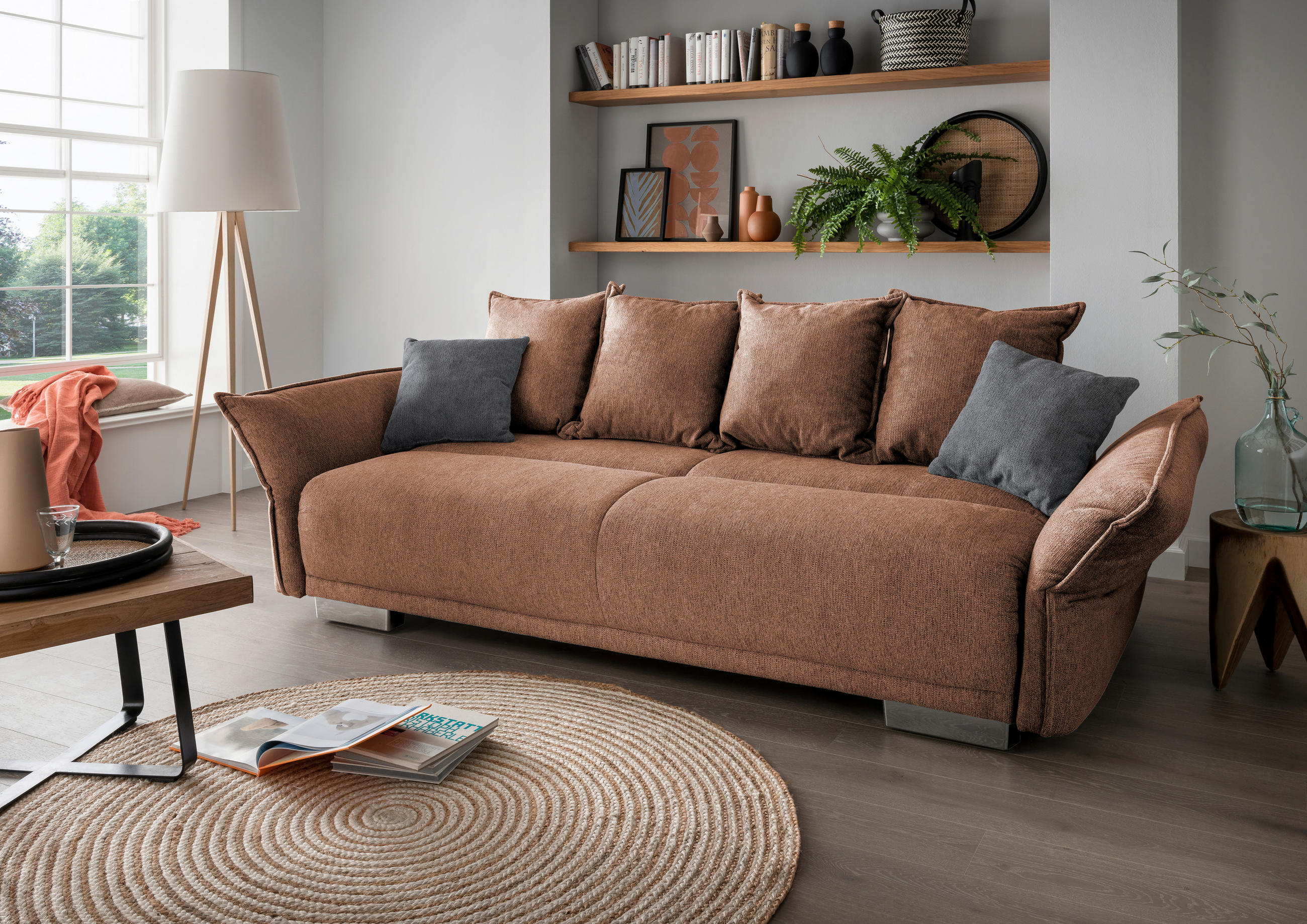 BIGSOFA Chenille Koralle  - Chromfarben/Koralle, MODERN, Kunststoff/Textil (242/71/90/131cm) - Livetastic