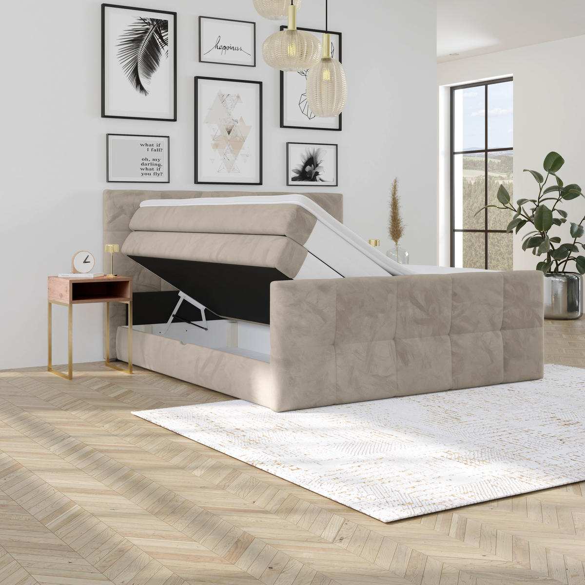 BOXSPRINGBETT 180/200 cm,  in Taupe, gepolstertes Kopfteil, Bettkasten, Topper, Matratzen, H2 + H2 = mittel  - Taupe, KONVENTIONELL, Holz/Holzwerkstoff (180/200cm) - Luca Bessoni