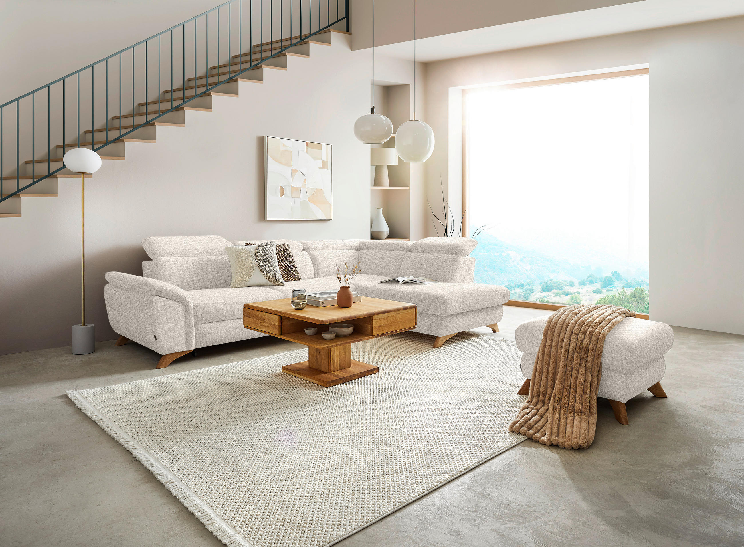 ECKSOFA in Bouclé Creme  - Eichefarben/Creme, Modern, Holz/Textil (287/212cm) - Valnatura