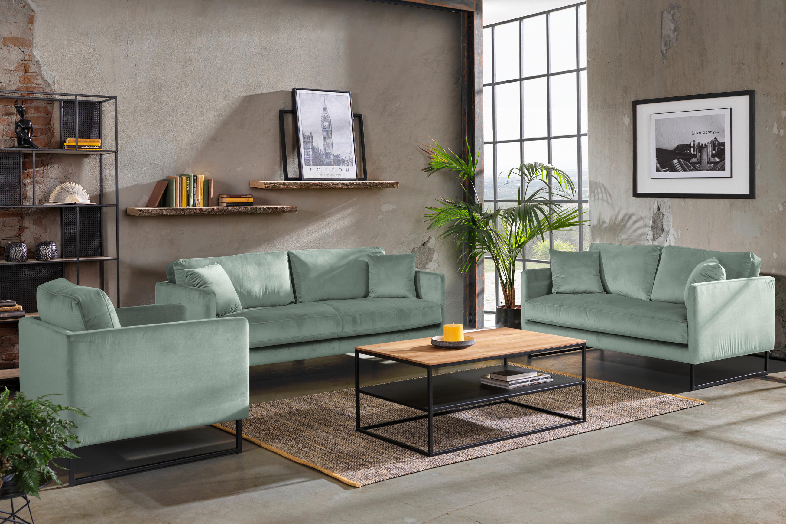 2-SITZER-SOFA in Samt Mintgrün  - Schwarz/Mintgrün, Design, Textil/Metall (150/78/84cm) - Carryhome