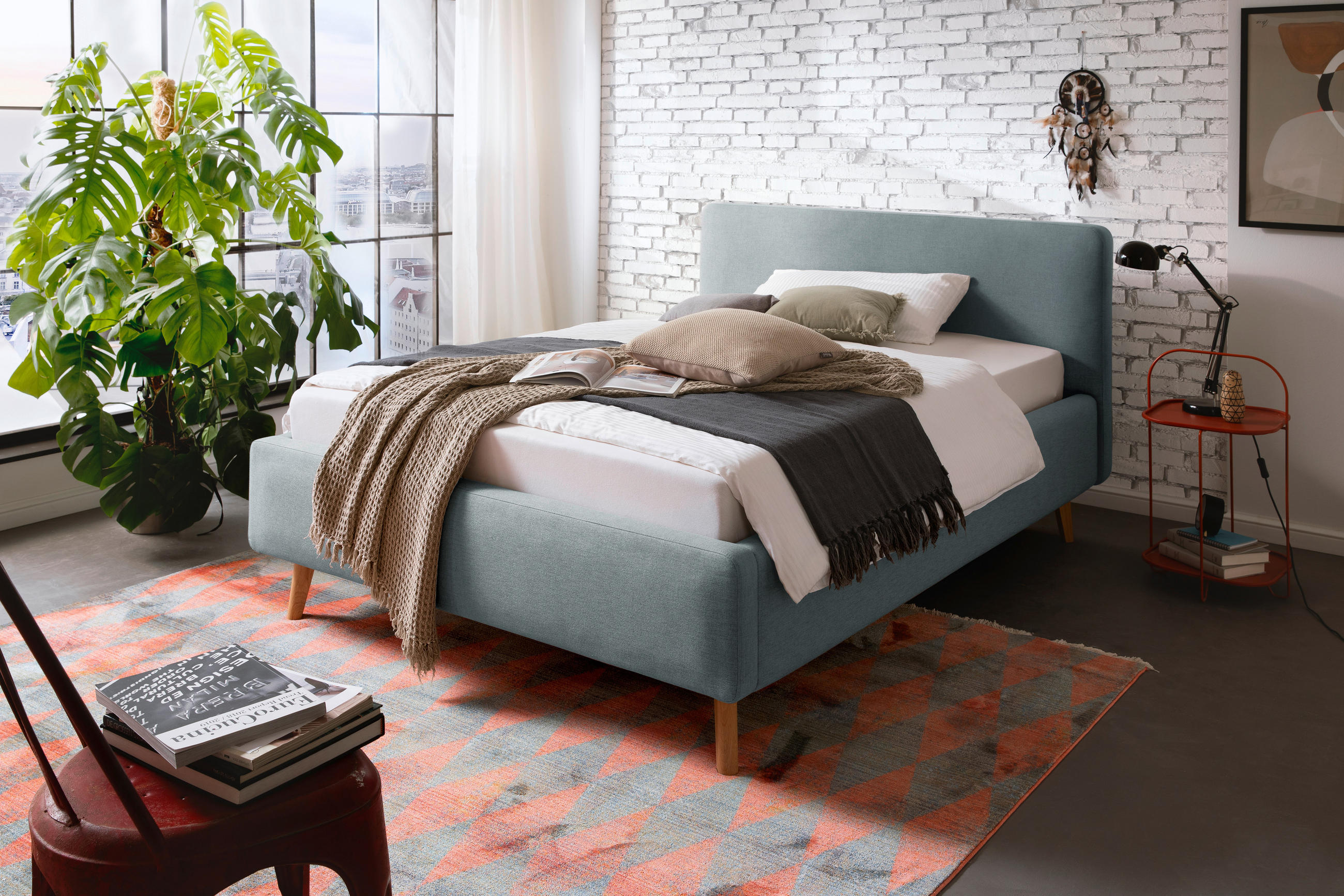 POLSTERBETT Bettkasten, Lattenroste Hellblau 140/200 cm  - Blau/Eichefarben, Design, Holz/Textil (140/200cm) - Livetastic