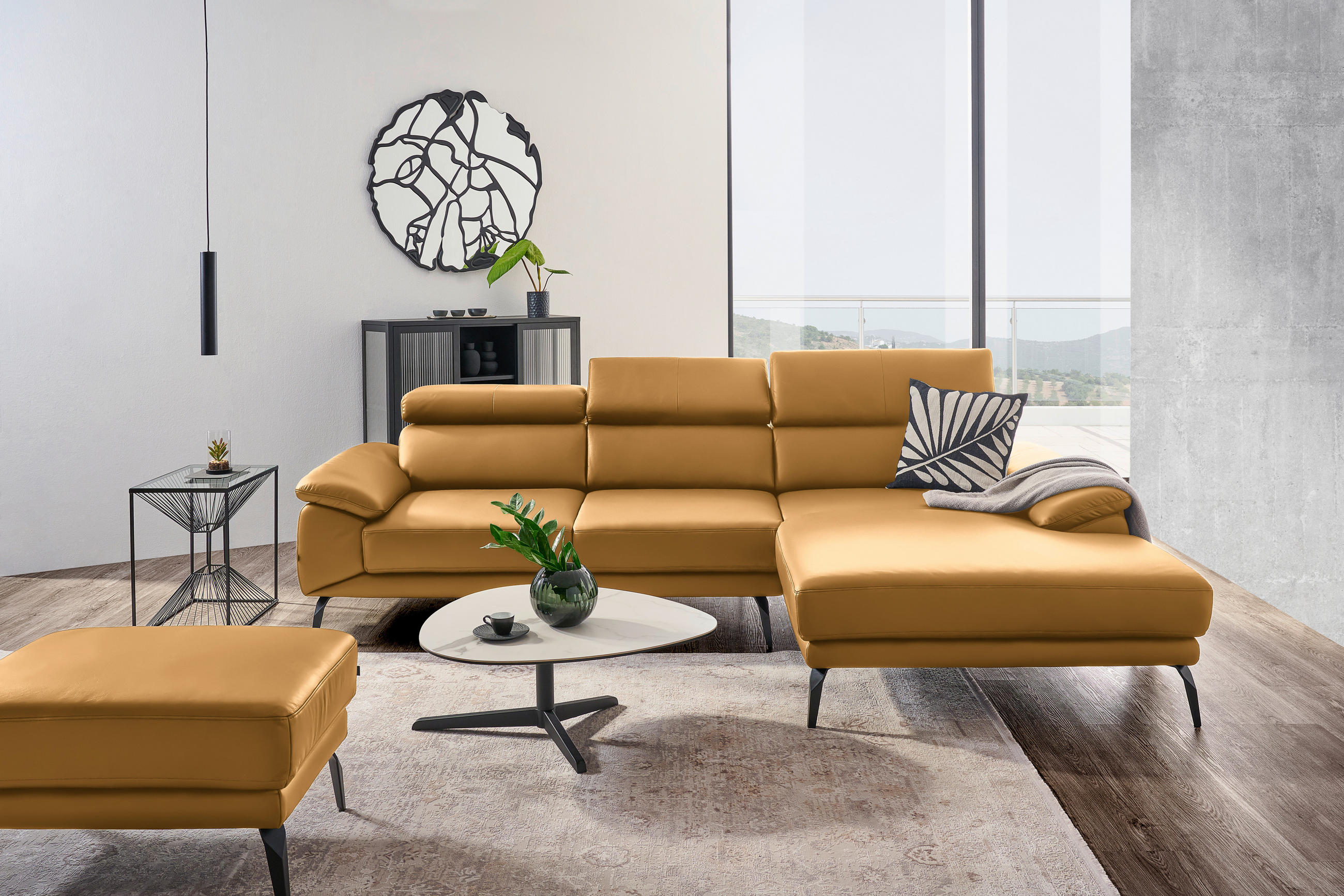 ECKSOFA in Echtleder Senfgelb  - Senfgelb/Schwarz, Design, Leder/Metall (295/187cm) - Novel