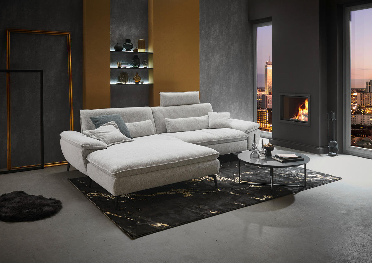 ECKSOFA Ecru Webstoff  - Ecru/Schwarz, Design, Textil/Metall (197/295cm) - Valdera