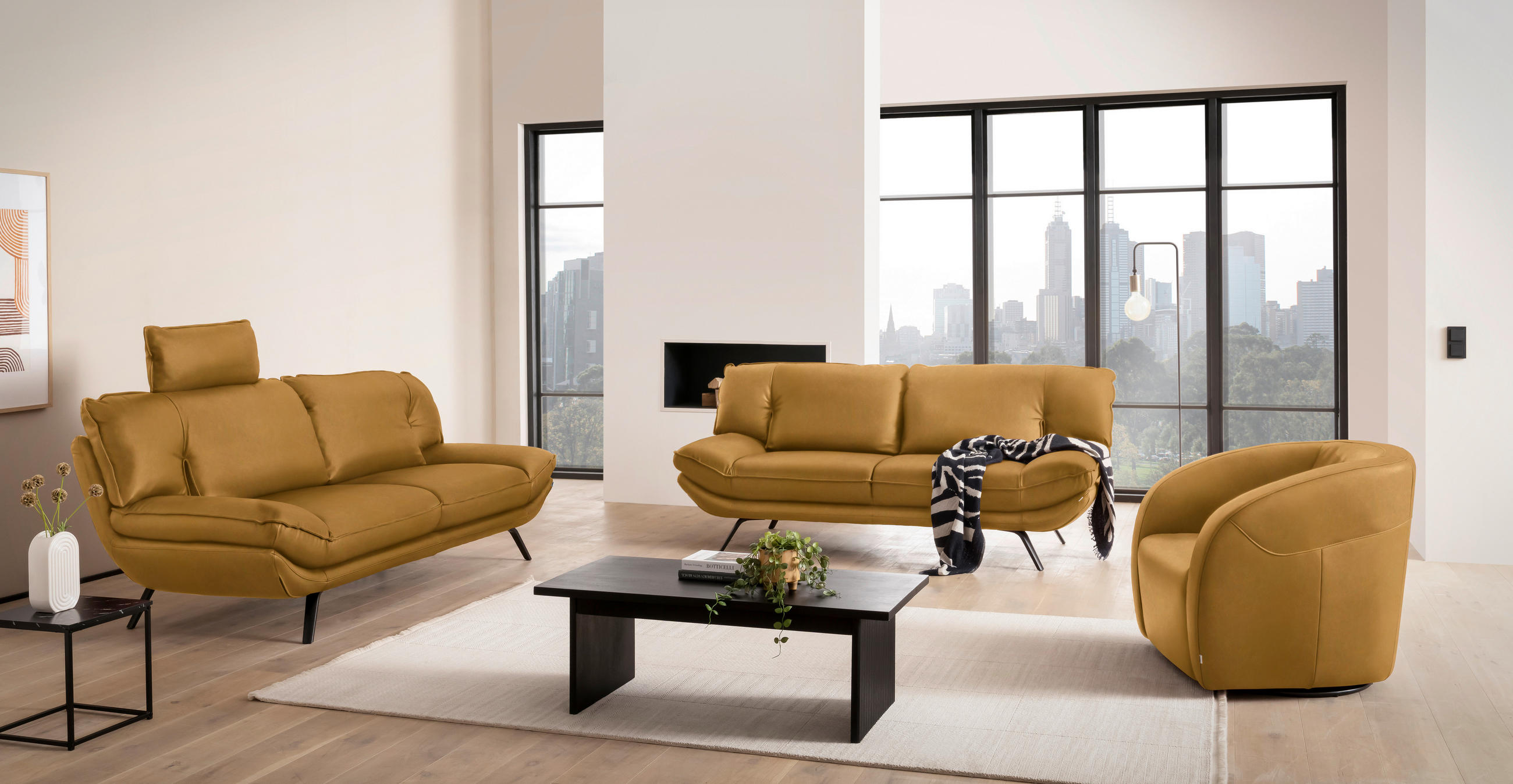 3-SITZER-SOFA in Leder Currygelb  - Currygelb/Schwarz, Design, Leder/Metall (226/95/95cm) - Celina