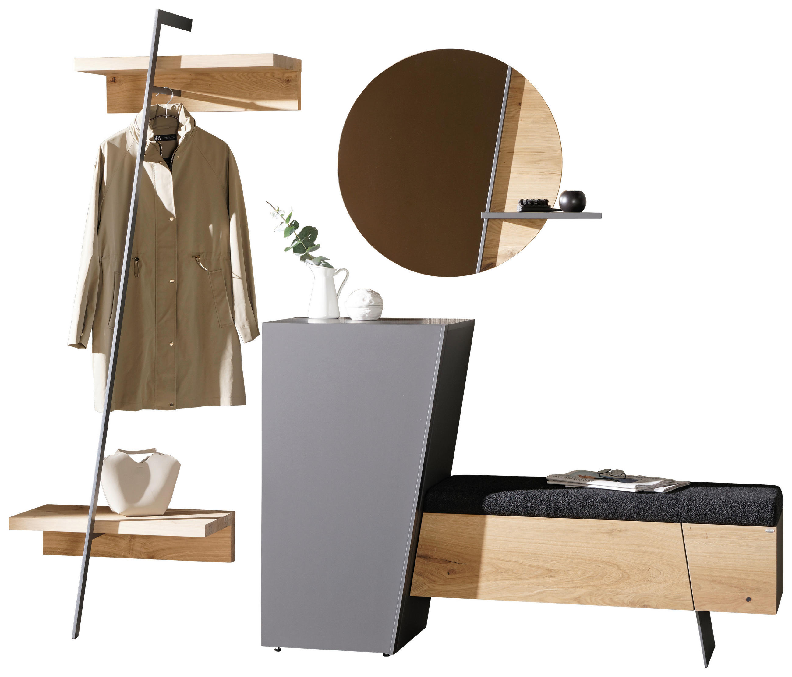 GARDEROBE 4-teilig  in 227/202/44,2 cm  - Wildeiche/Graphitfarben, Natur, Glas/Holz (227/202/44,2cm) - Voglauer