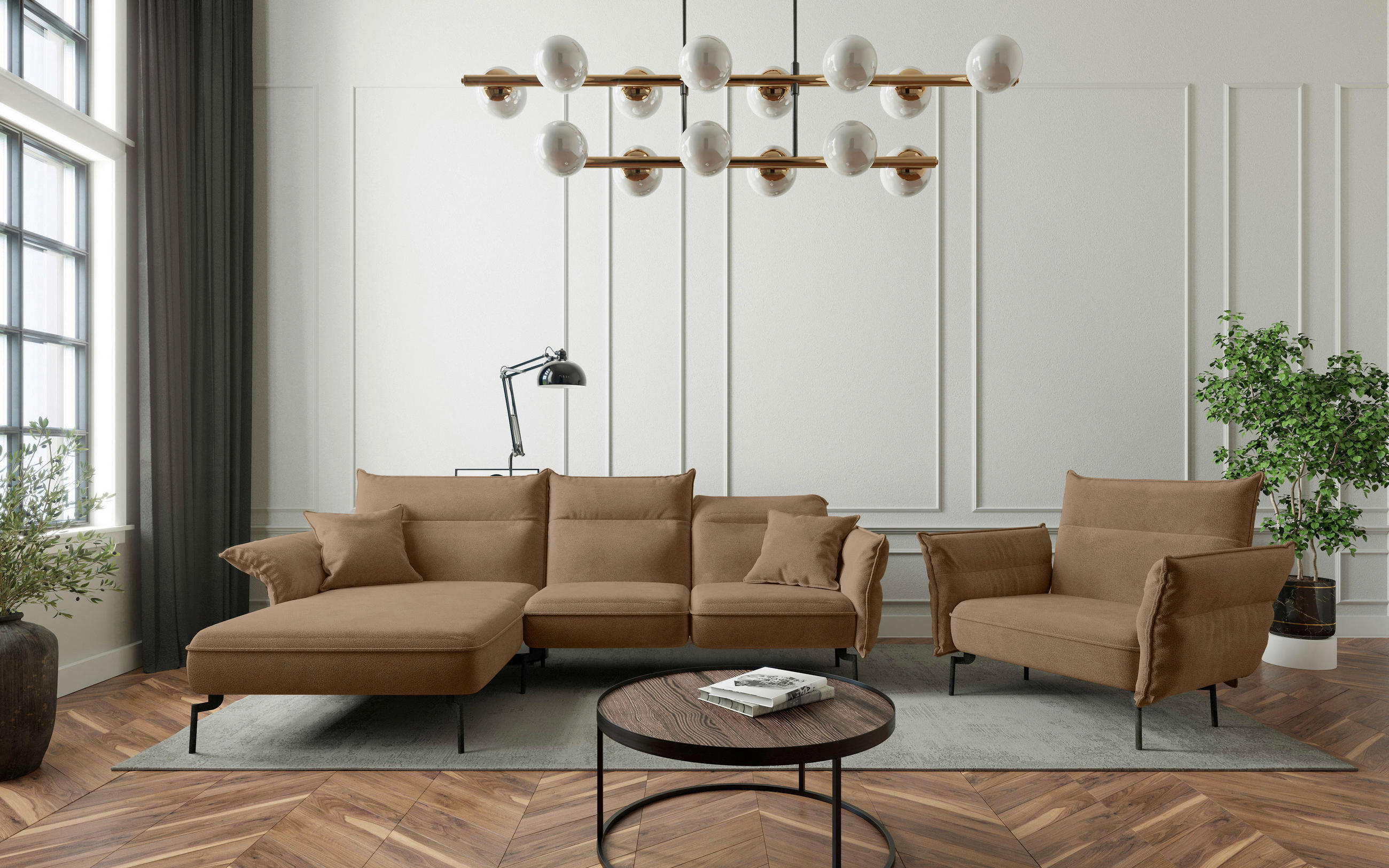 SITZGARNITUR in Flachgewebe Hellbraun  - Hellbraun/Edelstahlfarben, Design, Textil/Metall (185/265cm) - Livetastic